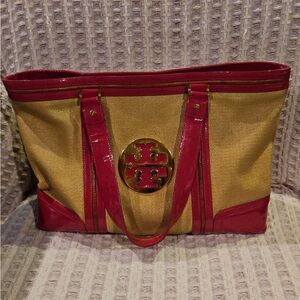 Tory Burch Ella Gold Canvas Tote with Red Trim & Gold Logo